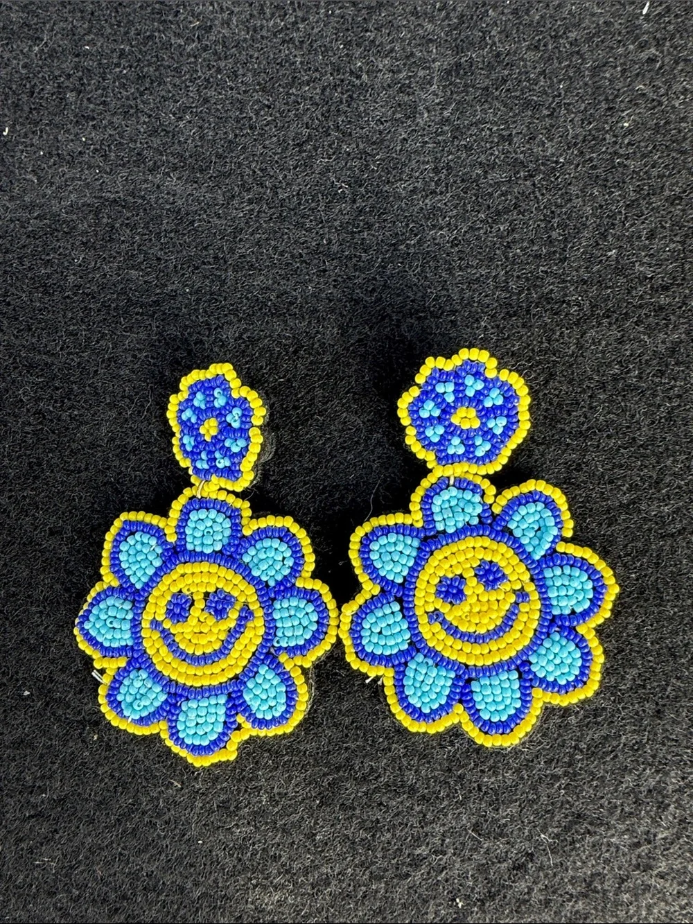 Handmade Blue & Yellow Beaded Flower Earrings - Smiley Design